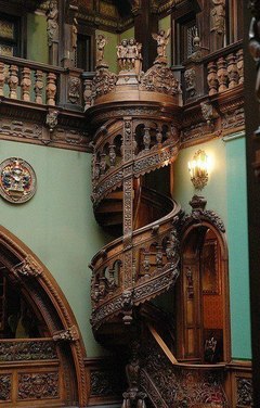 • architecture Interior Design castle steampunk victorian era romania spiral staircase steam punk peles castle steampunk tendencies neo renaissance Wood Carved steampunktendencies •